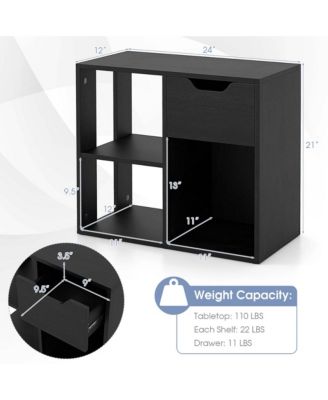 2 PCS 3-Cube Bookcase Organizer with 2-tier Wooden Storage Shelf & Pull-out Drawer