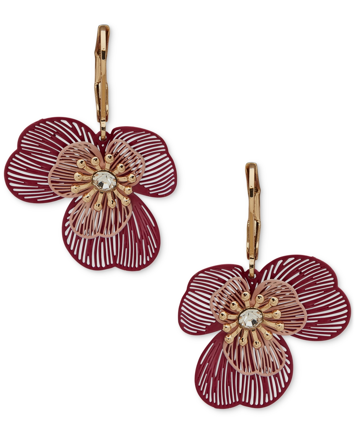 Gold-Tone Crystal Openwork Flower Drop Earrings - Pink