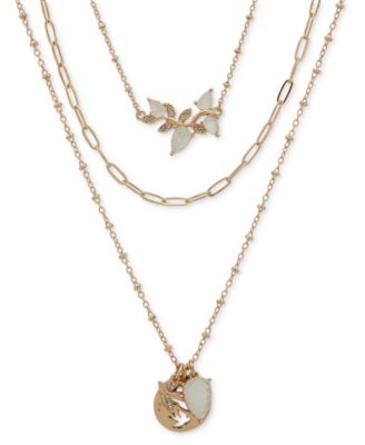lonna - lilly Gold-Tone Pavé Bird - Mother-of-Pearl Leaf Layered Pendant Necklace, 16