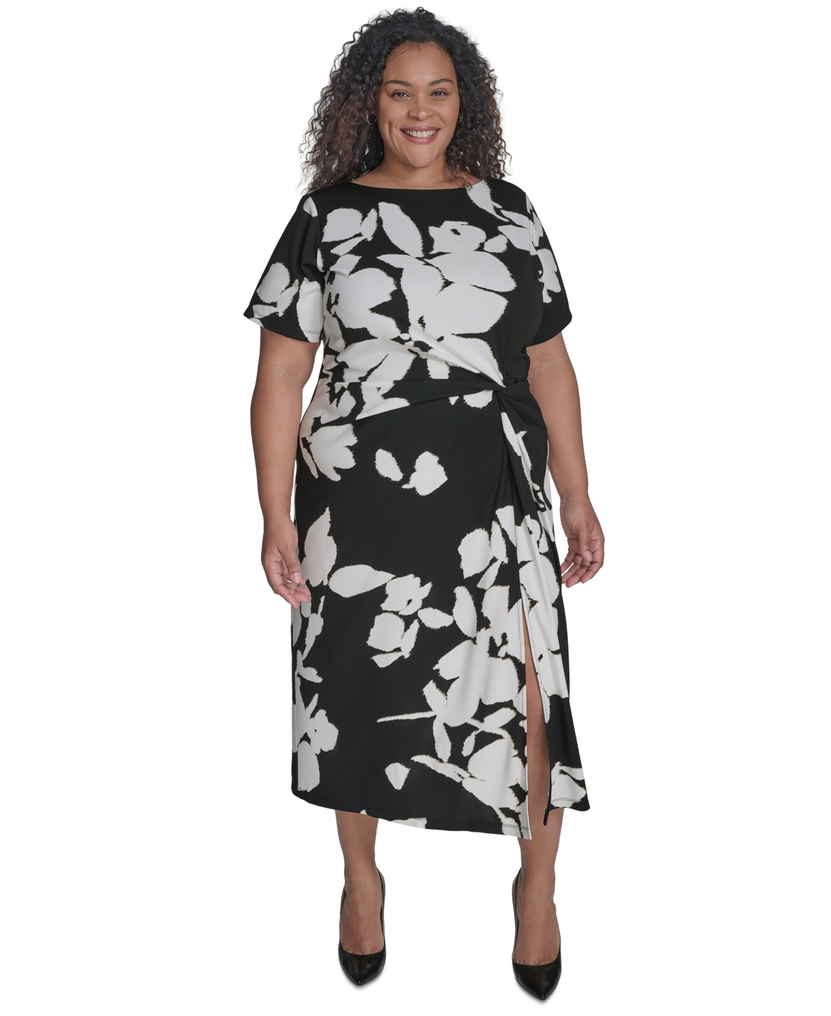 DKNY PLUS SIZE SIDE-TWIST SHORT-SLEEVE MIDI DRESS 