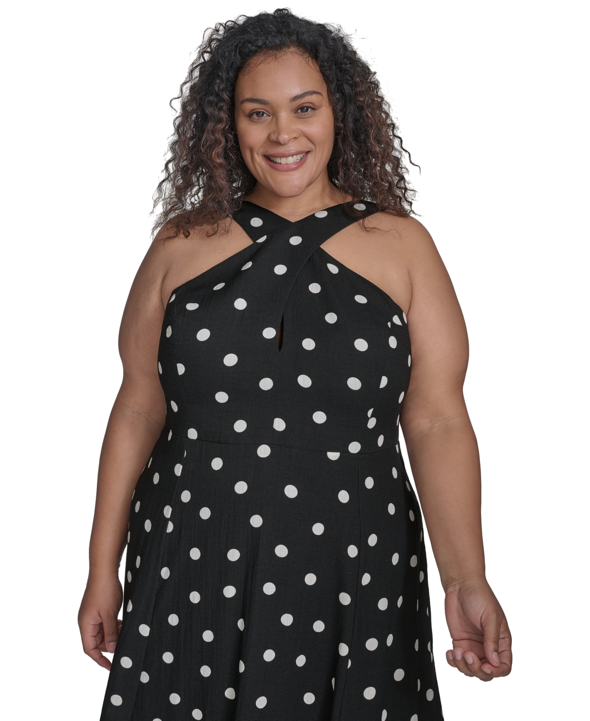 Shop Dkny Plus Size Polka-dot Crisscross Halter Maxi Dress In Black,ivory