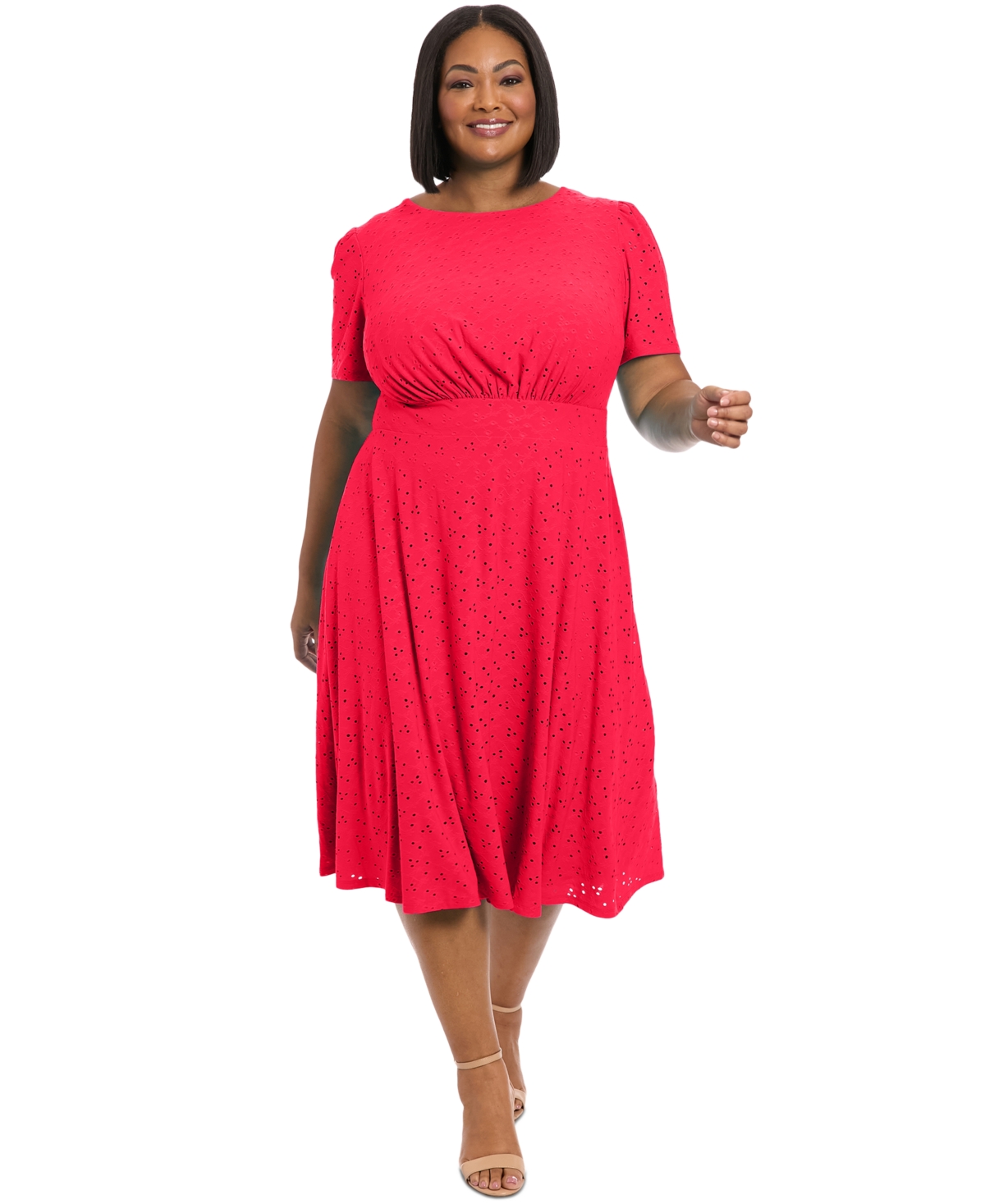 Plus Size Eyelet Jersey Short-Sleeve Midi Dress - Rose Red
