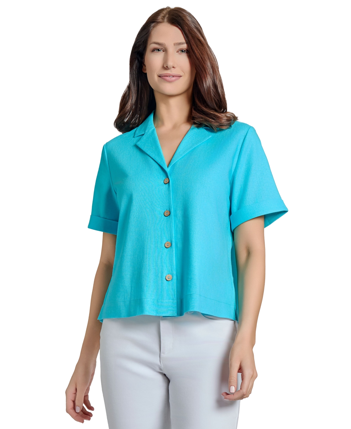 Jones New York Short Sleeve Linen Blend Button-up Shirt In Aqua Wave