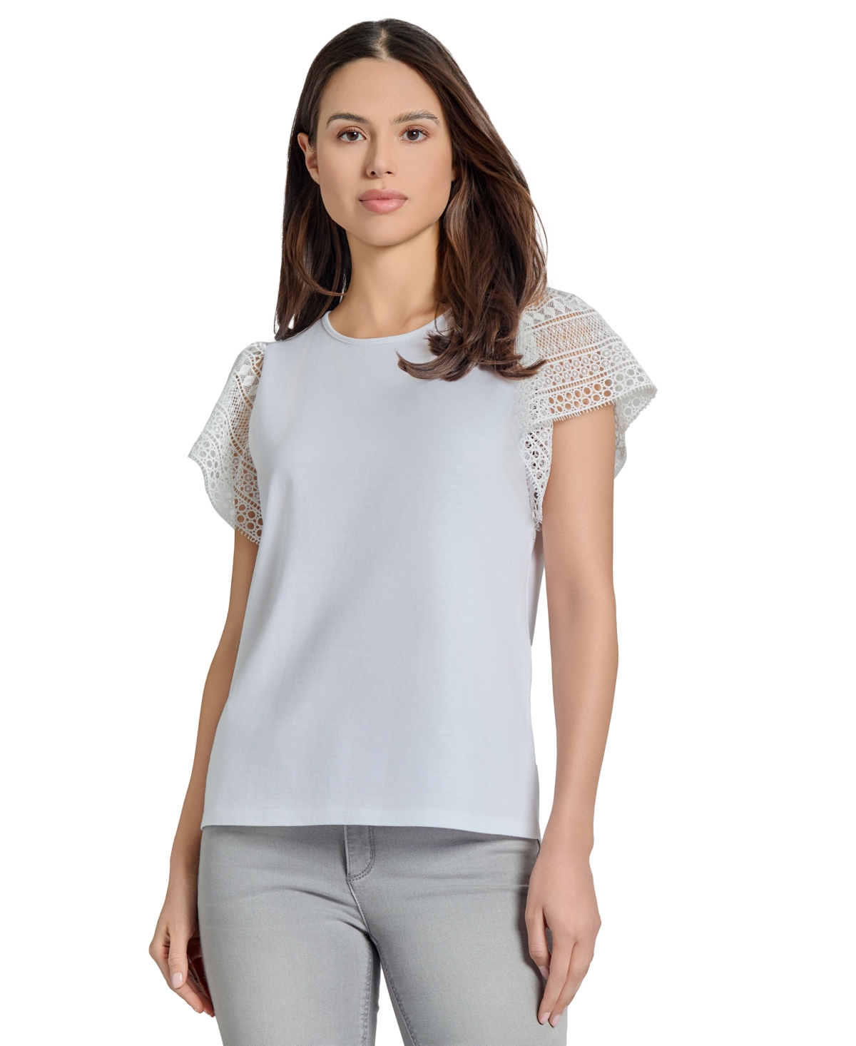 Jones New York Crochet Flutter Sleeve T-shirt In Nyc White