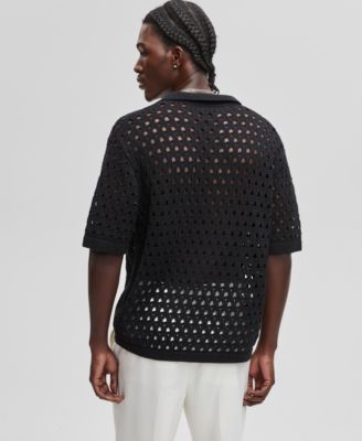 Mode of One Mens Johnny-Collar Open-Stitch Short-Sleeve Sweater Exclusively at Macys 8090₽