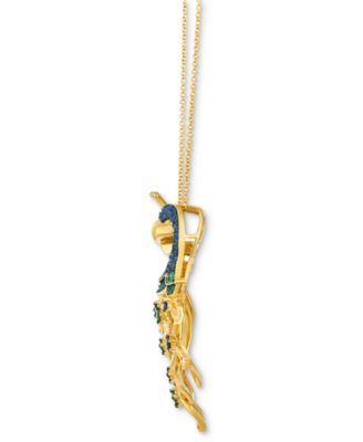 Sapphire (5/8 ct. t.w.), Tsavorite (3/8 ct. t.w.) & Black Diamond Accent Peacock 20" Pendant Necklace in 14k Gold