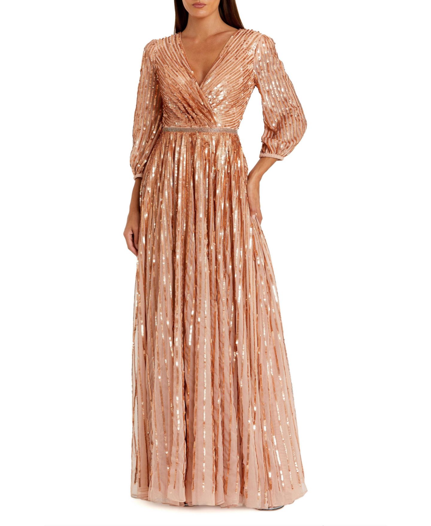 Женское платье Mac Duggal Sequined Wrap Over 3/4 Sleeve Gown, цвет: Абрикосовый — фото 4