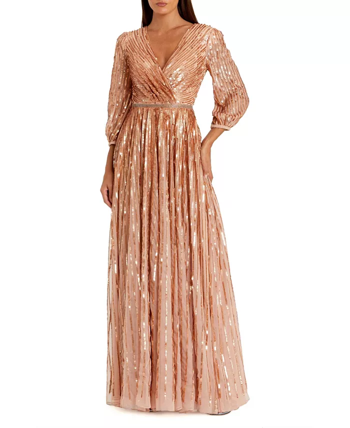 Women's Sequined Wrap Over 3/4 Sleeve Gown - thumbnail 4