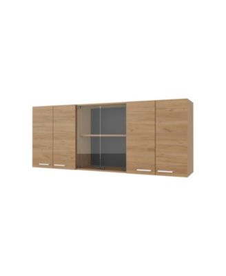 Lydia Wall Cabinet kitchen in Melamine wit 4 Doors  and Glass Storage, Natural Oak