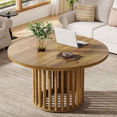 Solid Wood Round Coffee Table, 31.5-Inch Farmhouse Wooden Circle Center Cocktail Tea Table