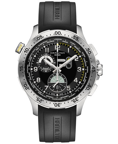 Hamilton Men's Swiss Chronograph Khaki Aviation Worldtimer Black Rubber Strap Watch 45mm H76714335