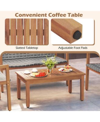 4 Pieces Outdoor Furniture Set Acacia Wood Frame Sofa Set w/ Rattan Seat