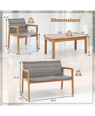 4 Pieces Outdoor Furniture Set Acacia Wood Frame Sofa Set w/ Rattan Seat