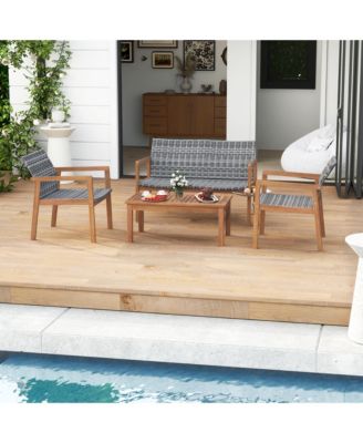 4 Pieces Outdoor Furniture Set Acacia Wood Frame Sofa Set w/ Rattan Seat