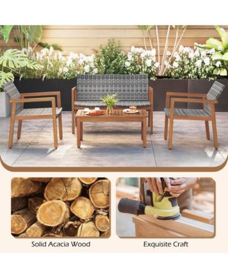 4 Pieces Outdoor Furniture Set Acacia Wood Frame Sofa Set w/ Rattan Seat