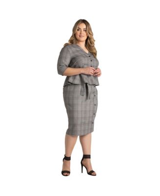 Plus Size Glen Plaid Suiting Button Front Paper Bag Waist Belted Skirt