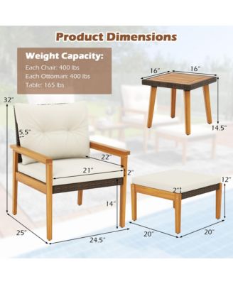 5 Piece Rattan Furniture Set Wood Frame Chairs & Ottomans w/ Square Coffee Table