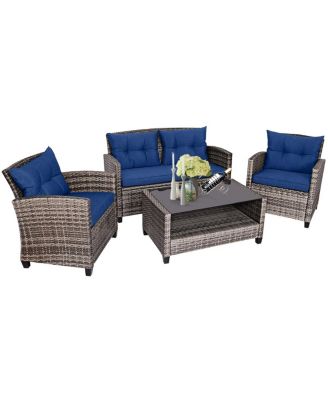 4PCS Rattan Furniture Set Coffee Table Cushioned Sofa Garden Lawn Patio
