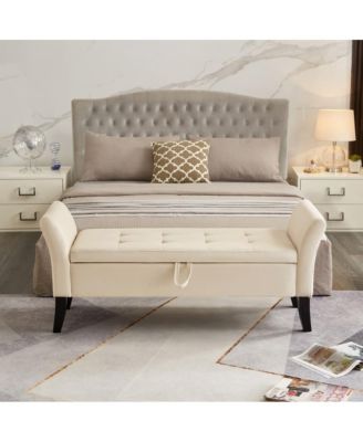Velvet Storage Bench with Curved Arms, Upholstered Tufted Ottoman