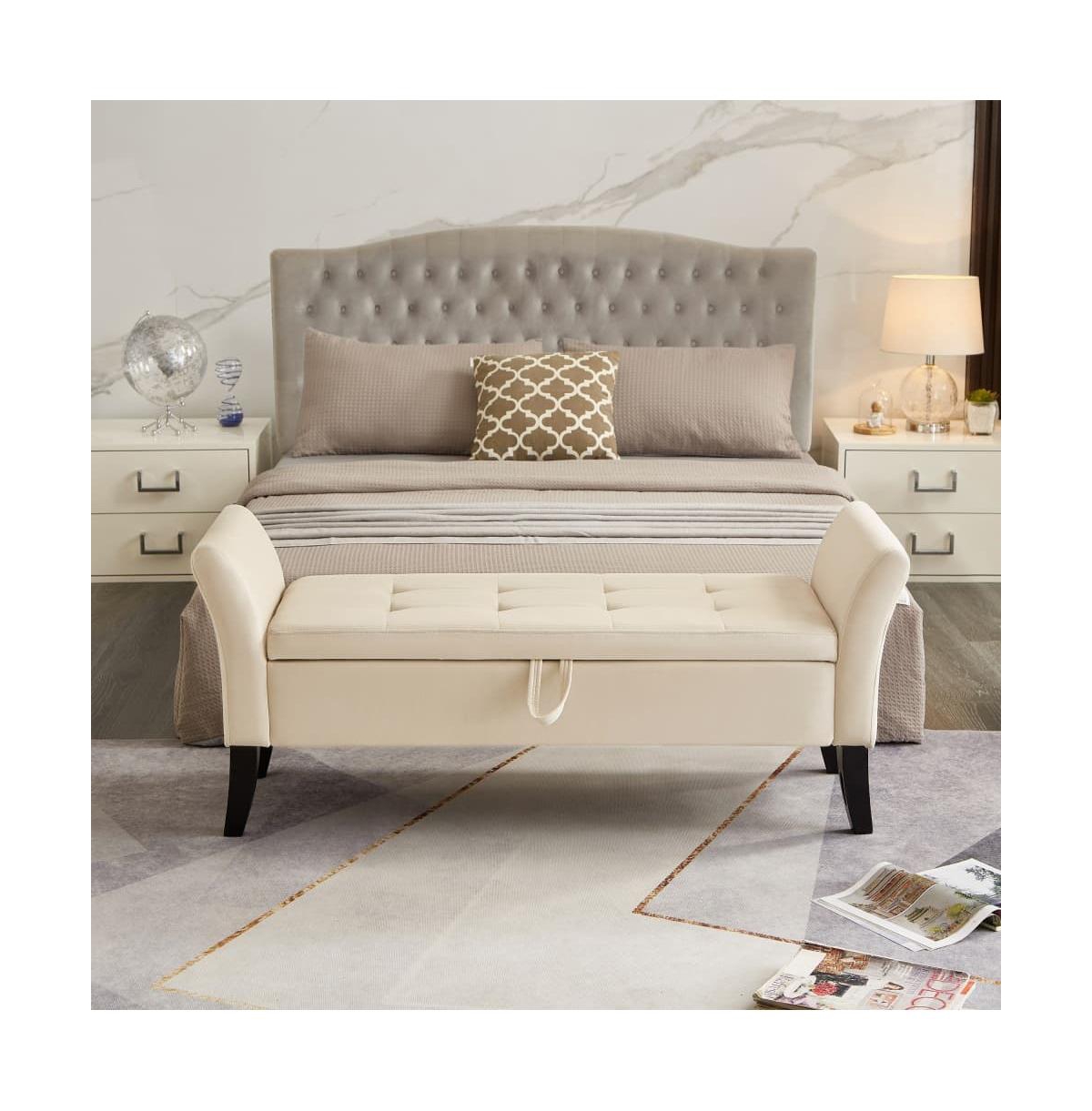 51.5 Inch Velvet Storage Bench with Curved Arms, Upholstered Tufted Ottoman for Bedroom, Entryway, and Living Room-The Pop Home