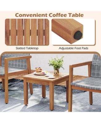 3 Pieces Outdoor Furniture Set Acacia Wood Frame Sofa Set w/ Rattan Seat