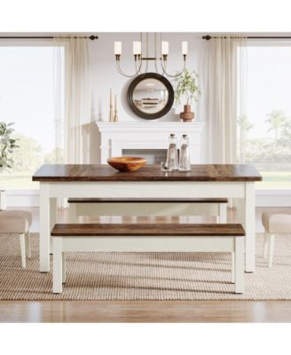 55-Inch 3-Piece Dining Table Set with 2 Benches, Rectangular Wood Table for Kitchen or Dining Room, Seats 4–6