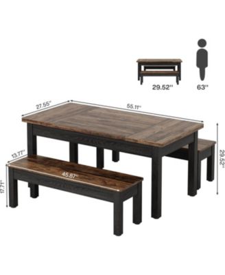 55-Inch 3-Piece Dining Table Set with 2 Benches, Rectangular Wood Table for Kitchen or Dining Room, Seats 4–6