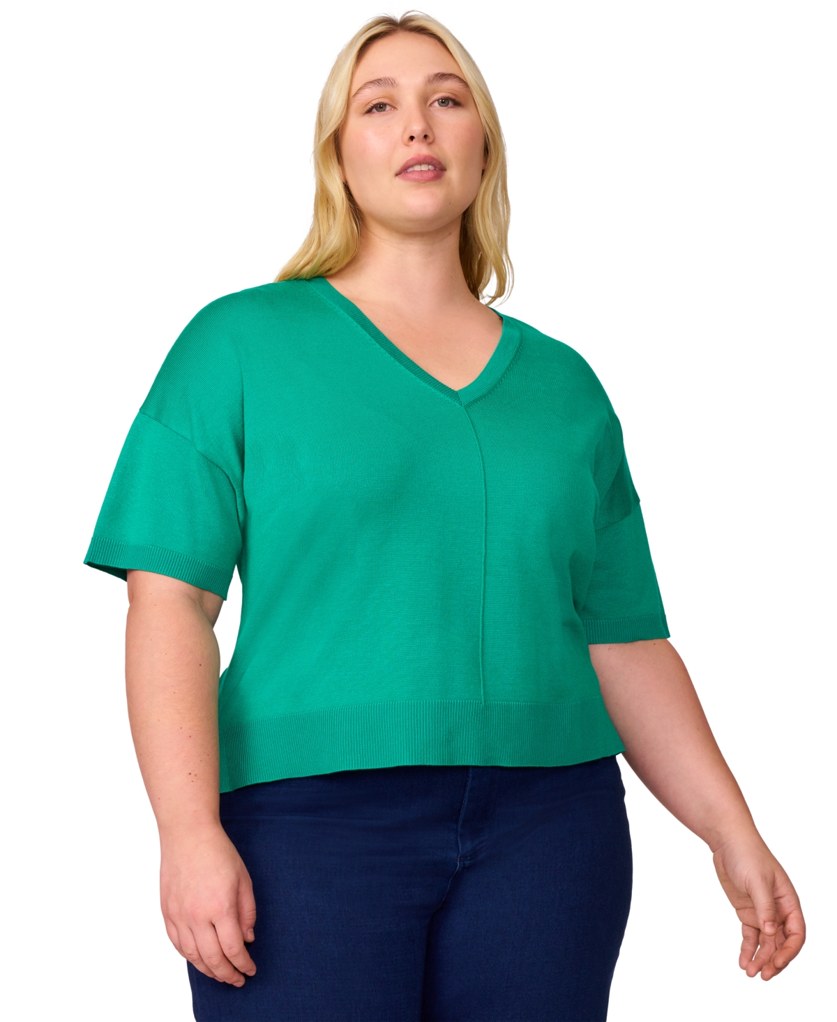 Plus Size Seamed V-Neck Sweater, Exclusively at Macy's - Pepper Green