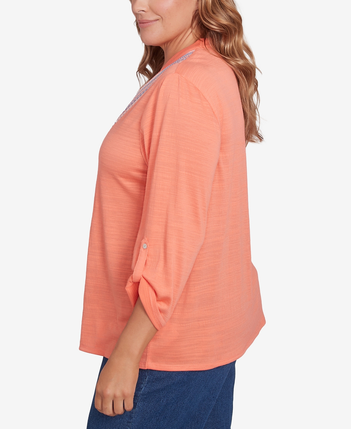 Ruby Rd. Plus Size Soft Relaxed Textured V-neck Trim Top In Orange Pop
