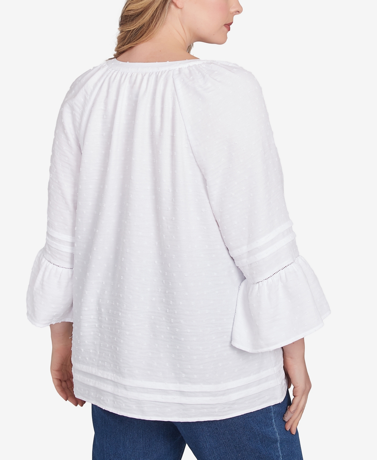 Ruby Rd. Plus Size Clip Dot Button Front Flared Sleeve Top In White
