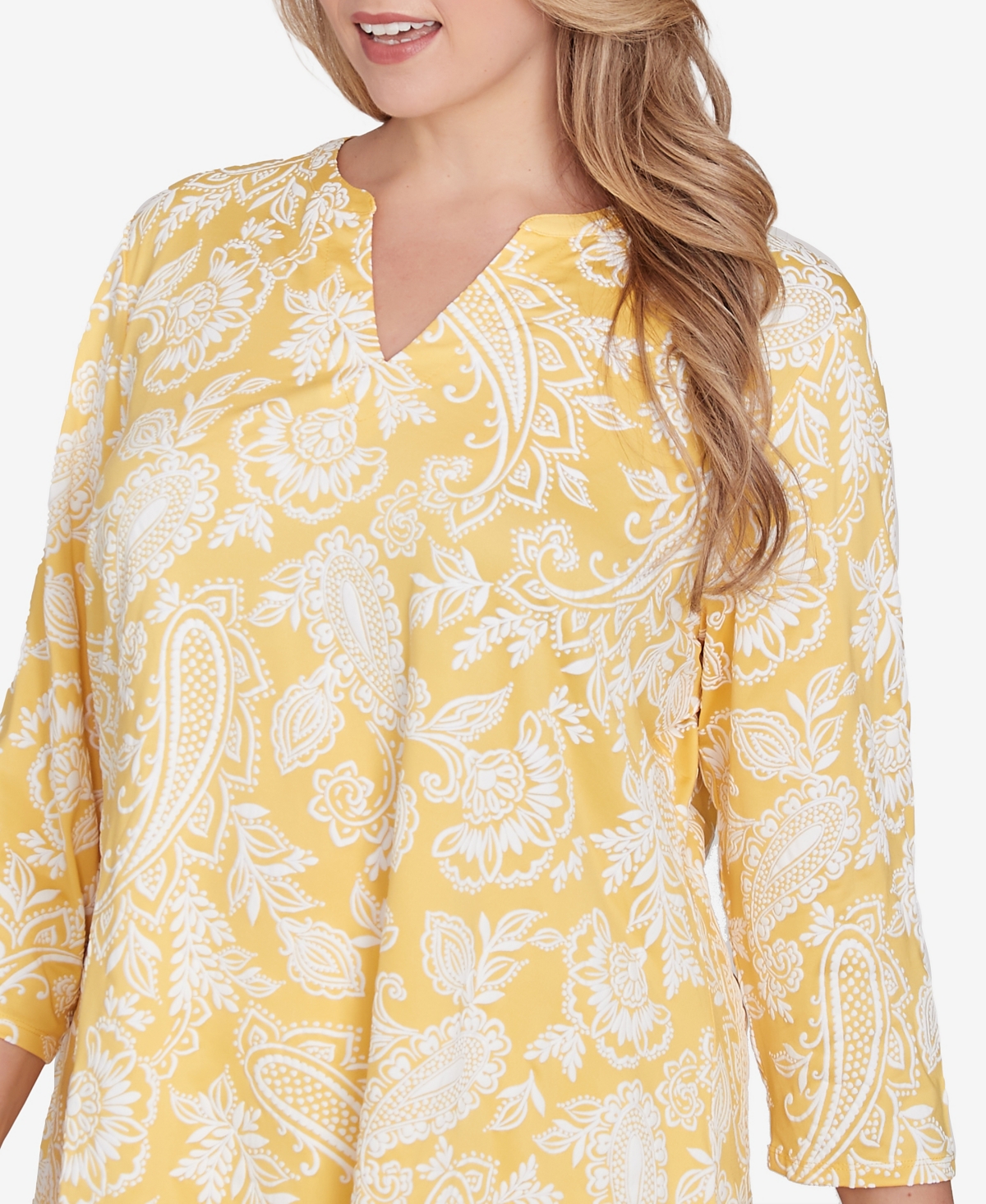 Ruby Rd. Plus Size Jacobean Paisley Puff Print V-neck Top In Lemon Multi