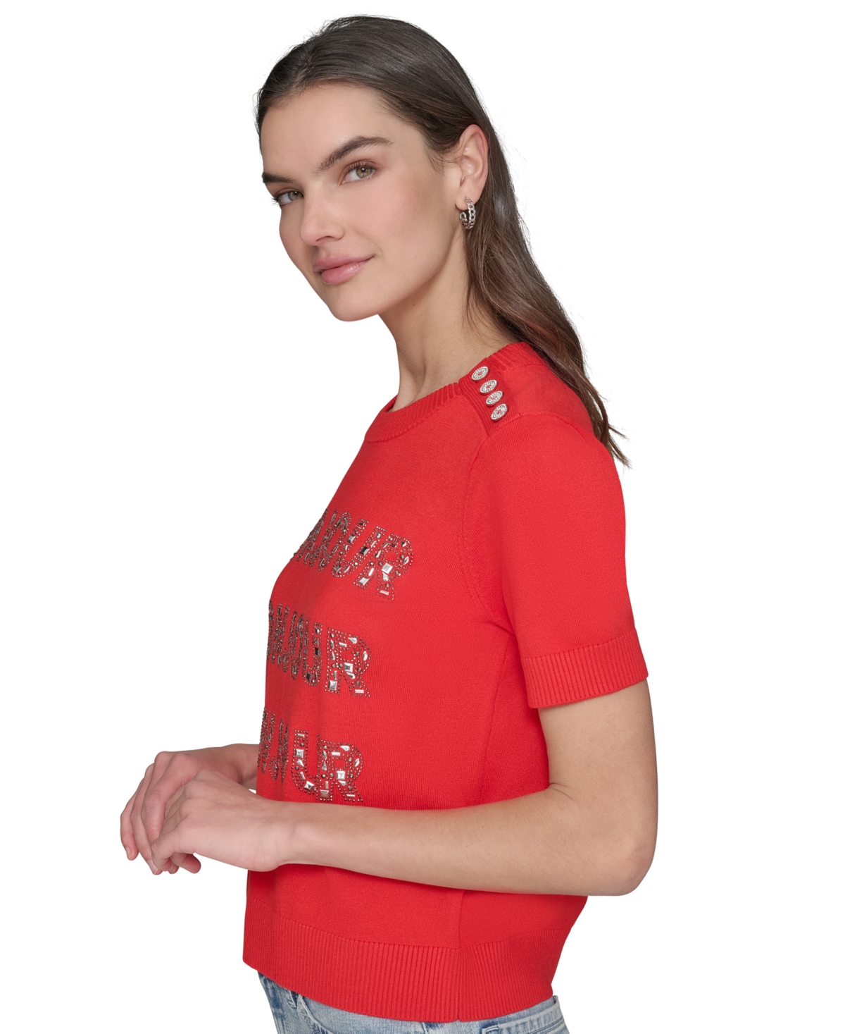 Karl Lagerfeld Petite Crystal Bonjour Short-sleeve Sweater In Apple Red
