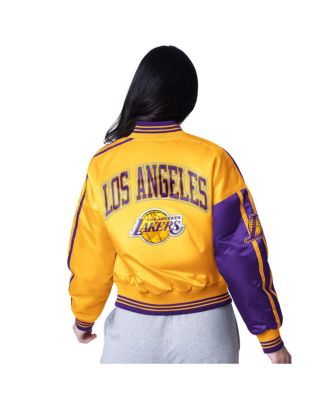 Женская укороченная атласная куртка на молнии Los Angeles Lakers Zone Blitz золотисто-фиолетового цвета для начинающих