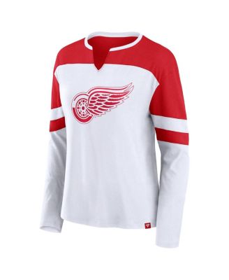 Женская футболка Fanatics White/Athletic Red Detroit Red Wings 2025 года выпуска из серии стадионов НХЛ Frozen с длинным рукавом и вырезом горловины.