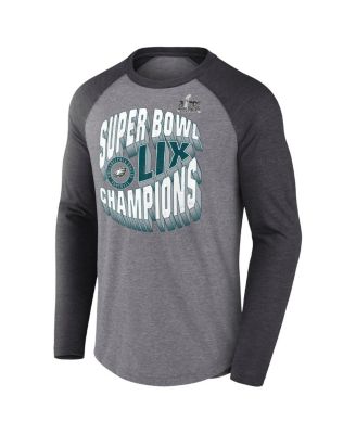 Мужская футболка Fanatics Heather Gray Philadelphia Eagles Super Bowl LIX Champions Historic Win с рукавом реглан длиной 3/4 из трехслойной ткани.