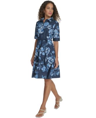 Женское хлопчатобумажное платье с поясом и манжетами в цветочек от Calvin Klein