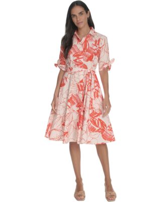 Calvin Klein - Women's Cotton Floral Belted Tie-Cuff Dress