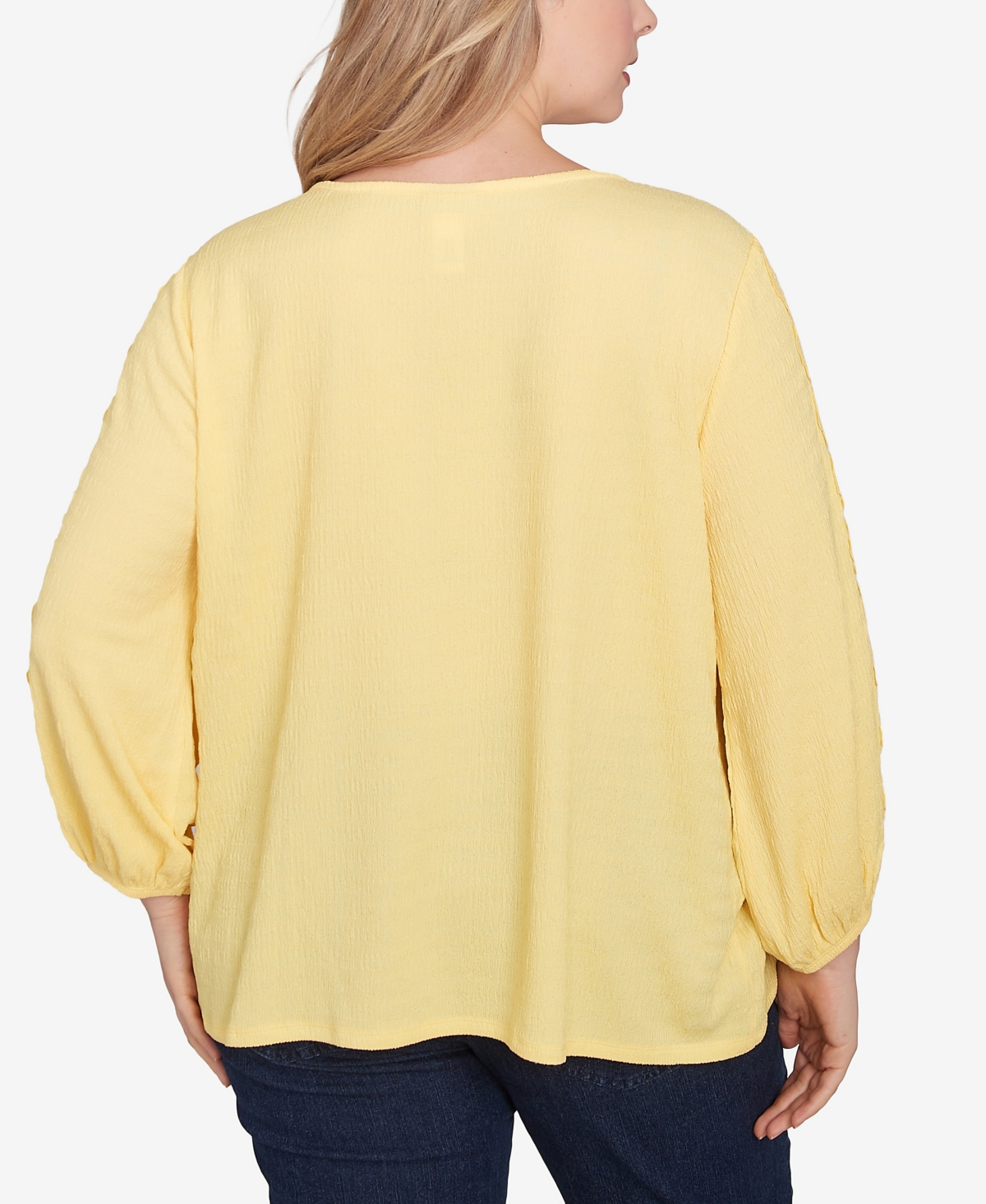 Ruby Rd. Plus Size Solid Textured Eyelet 3/4 Sleeve Top In Lemon