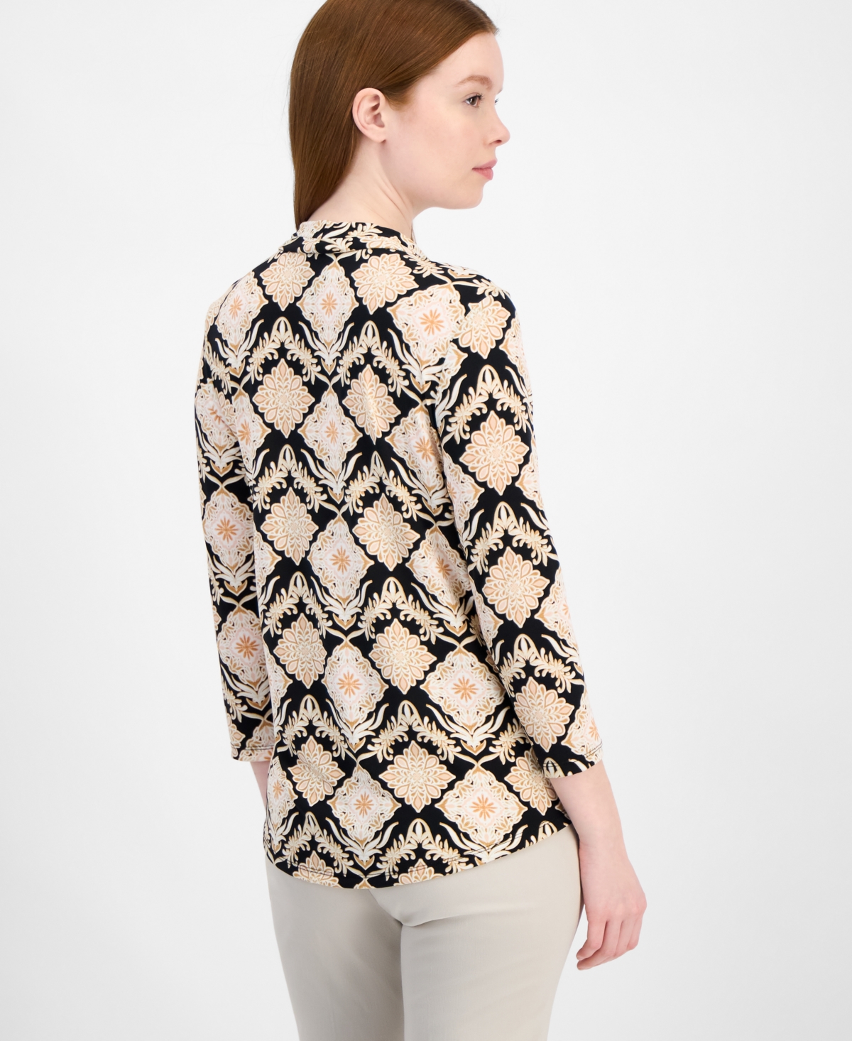 Jm Collection Women's Printed 3/4 Sleeve V-neck Knit Top, Exclusively At Macy's