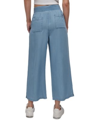 Petite Chambray Smocked-Waist Wide-Leg Ankle Pants