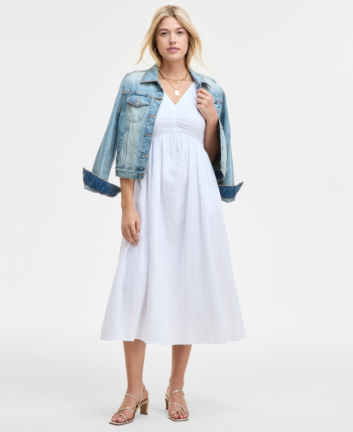 On 34th Women's Gauze Double V-neck Empire Midi Dress, Exclusively At Macy's In Bright White