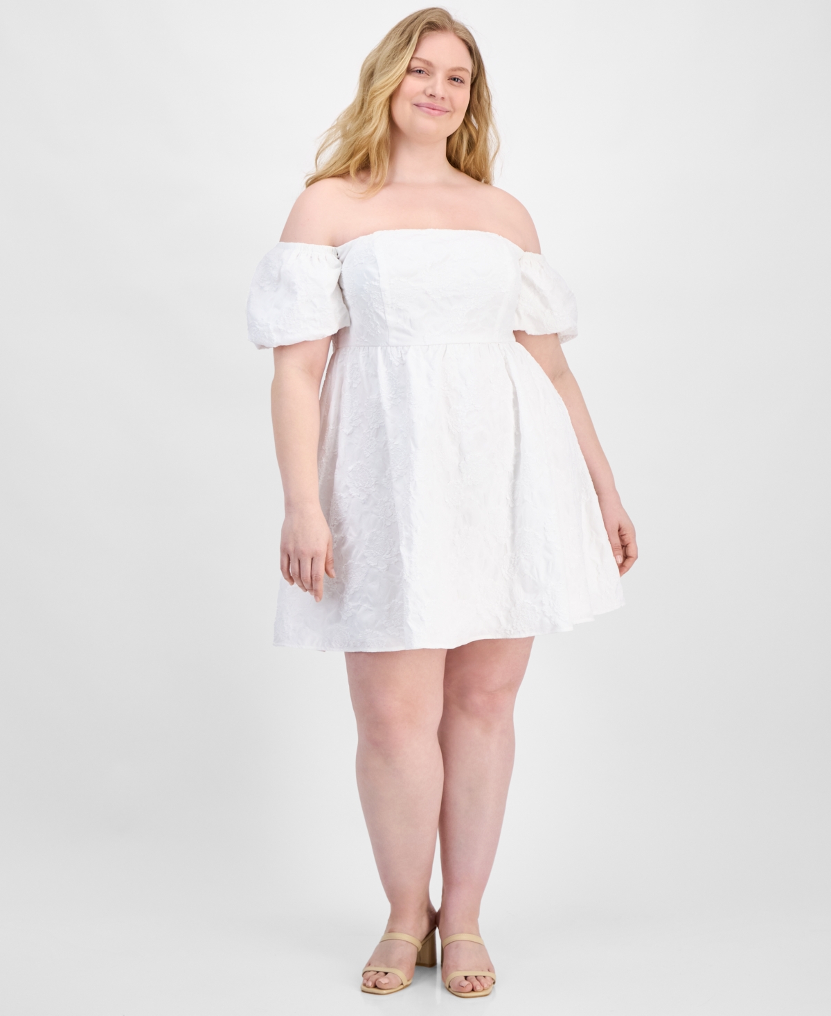 Plus Size Off-The-Shoulder Jacquard Fit & Flare Dress - White