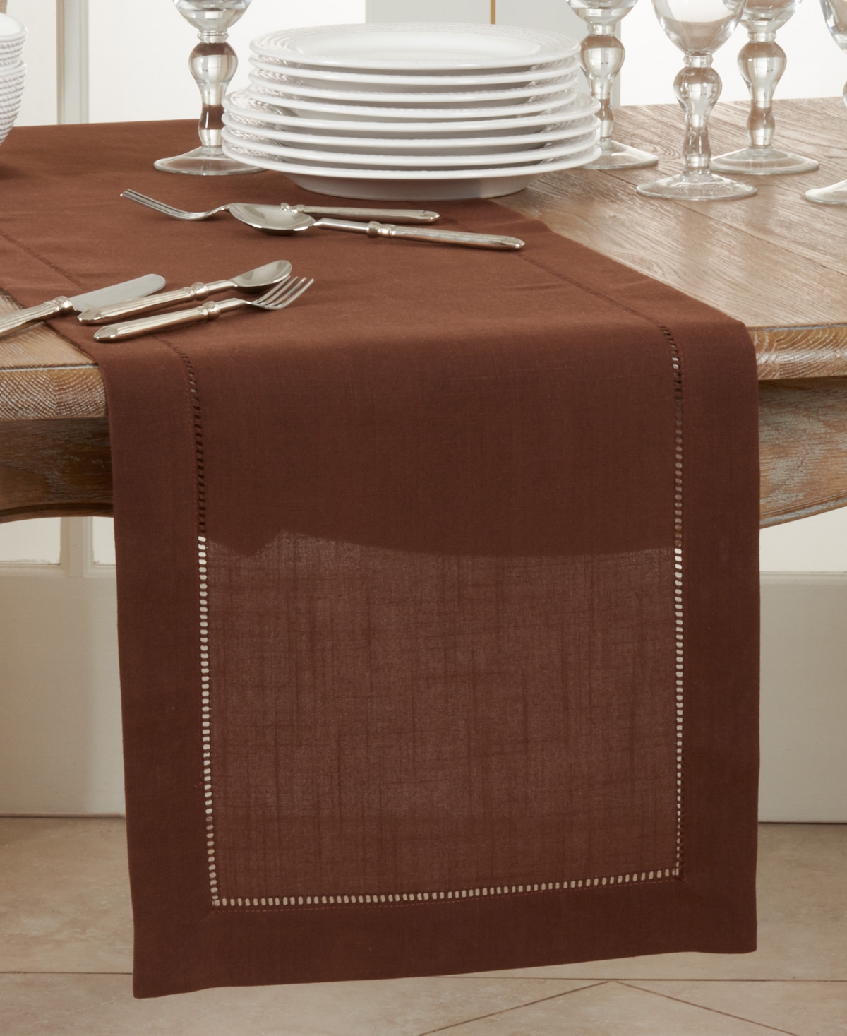 Saro Lifestyle Hemstitched Border Table Runner, 16" X 54" In Chocolate
