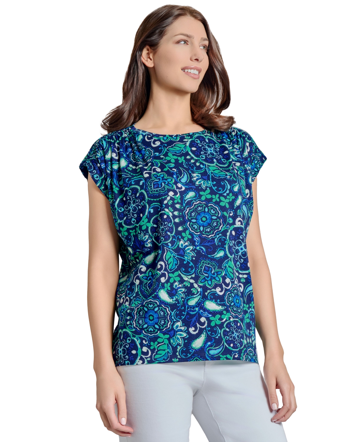 Jones New York Floral Cap Sleeve Top In Pacific Navy Multi