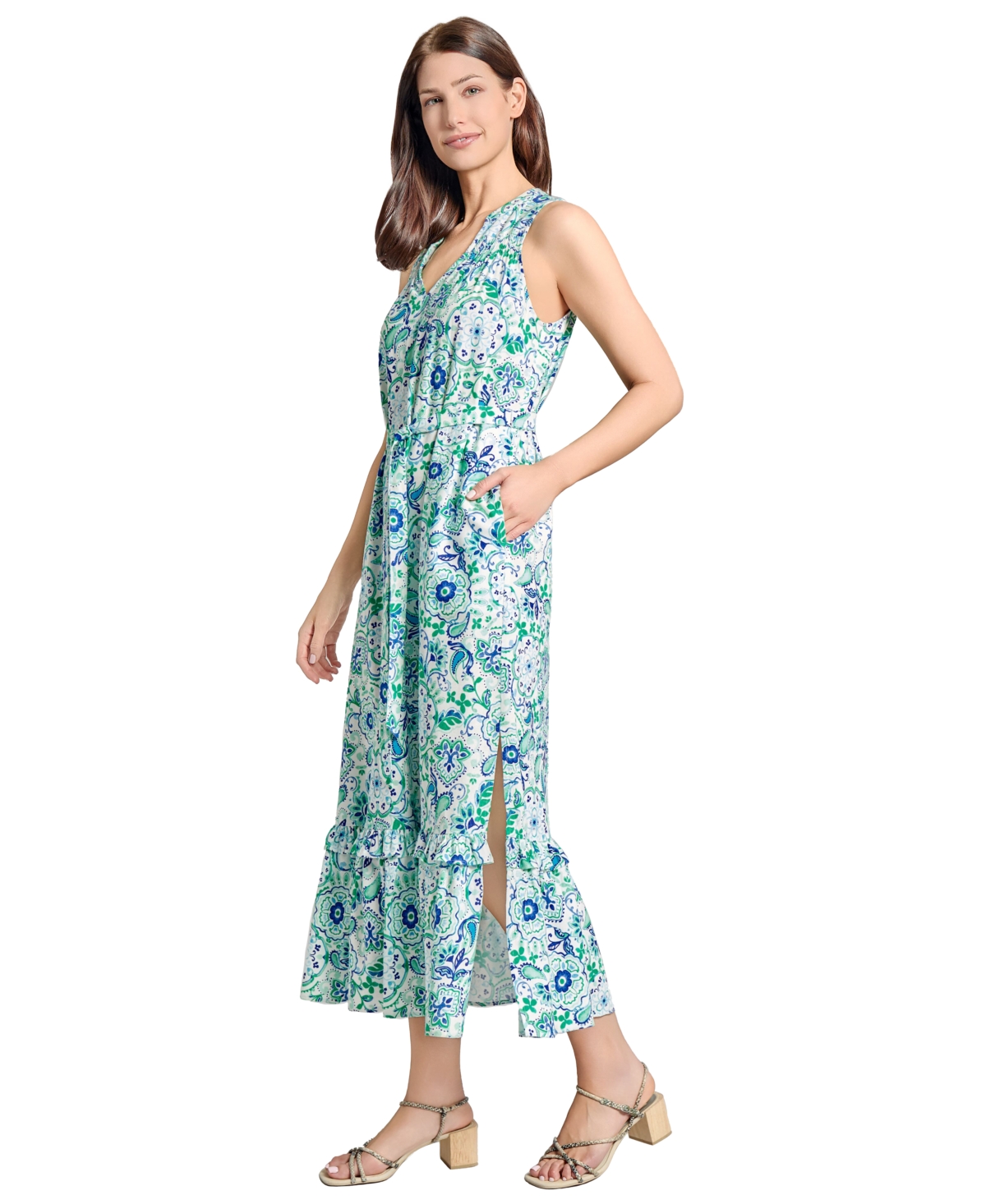 Shop Jones New York Women's Paisley-print Linen-blend Maxi Dress In Aqua Wave