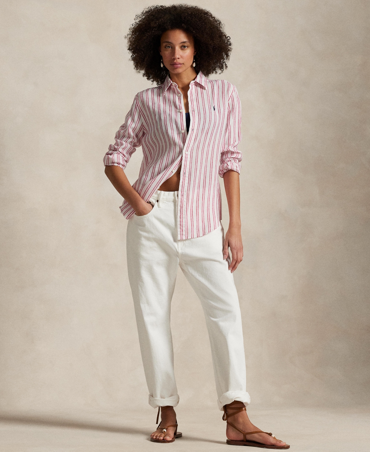 Polo Ralph Lauren Relaxed Fit Striped Linen Shirt Woman Shirt Beige Size Xl Linen In White,red