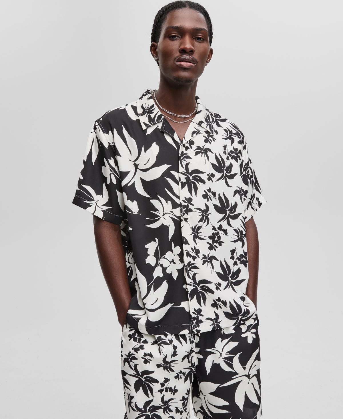 Men's Short-Sleeve Palm Reverse Splicing Camp Collar Shirt, Exclusively at Macy's - Neo Natural