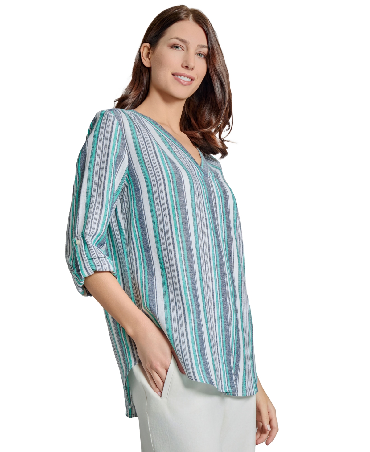 Jones New York Stripe Linen Blend Popover Top In Nyc White,teal Multi