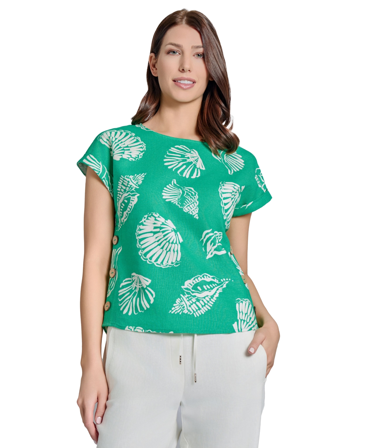 Jones New York Seashell Print Side Button Detail Linen Blend Top In Nyc White,kelly