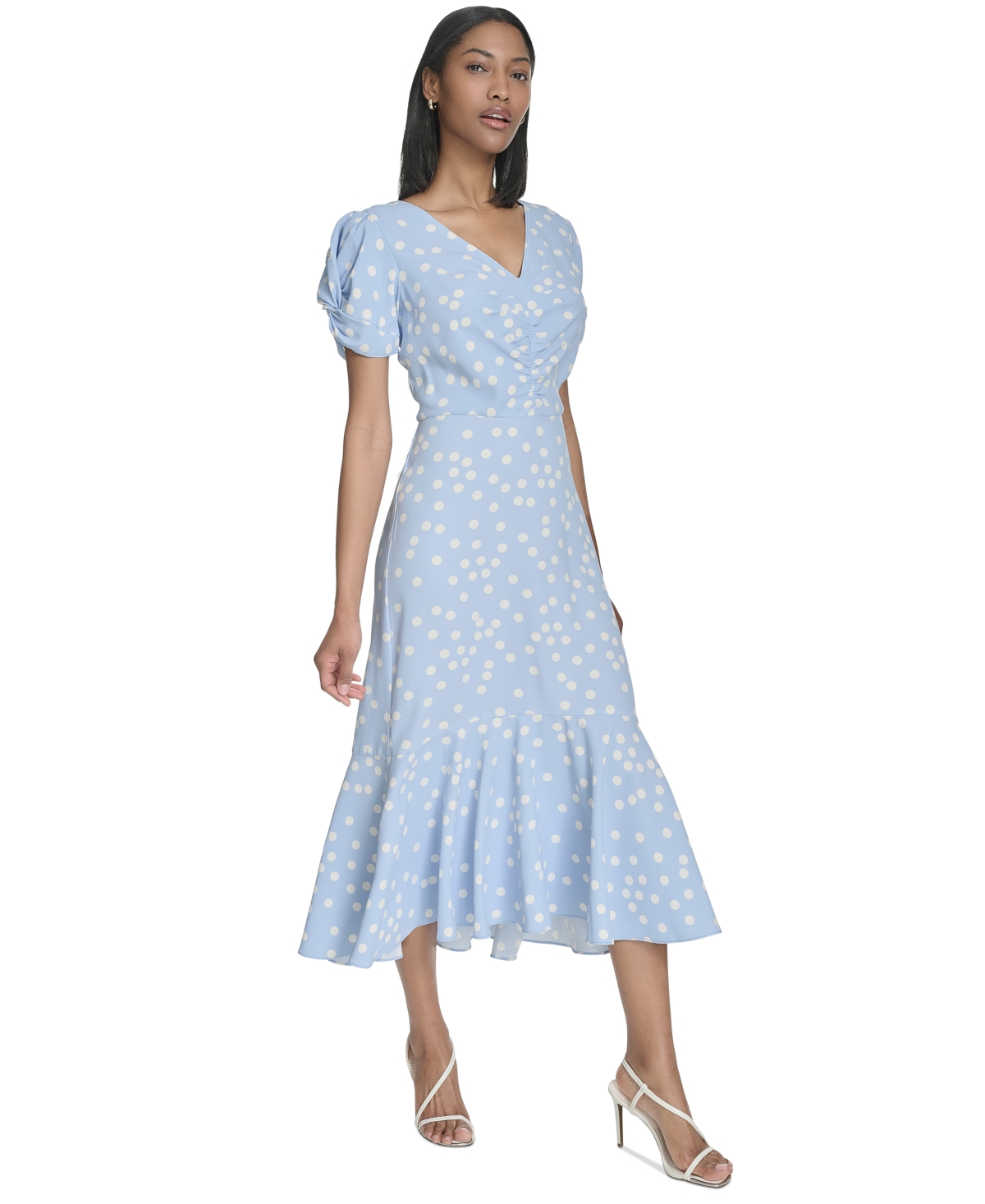 HALSTON WOMEN'S DOT-PRINT RUCHED-FRONT MIDI DRESS 